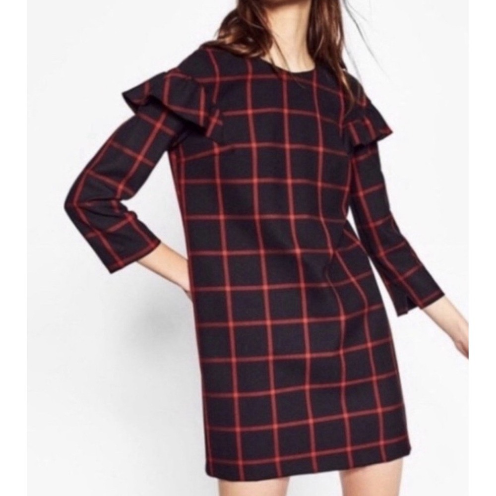 ZARA Women's Windowpane Plaid Shift Dress Ruffle Shoulders Red Navy SMALL